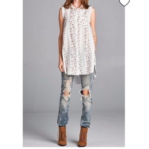 Anthro Hyku embroidered tunic sleeveless top frayed raw hem boho festival dress